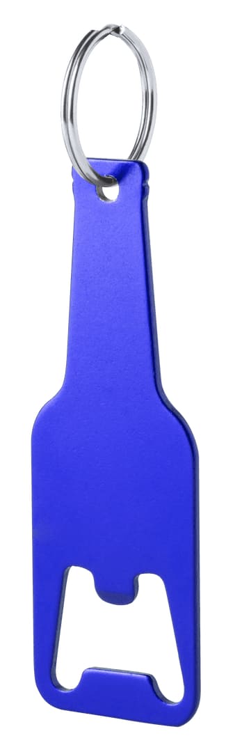 A drink bottle opener keyring in blue, shaped like a beer bottle, with a metal keyring attachment. Clevon Opener Keyring - Image 1