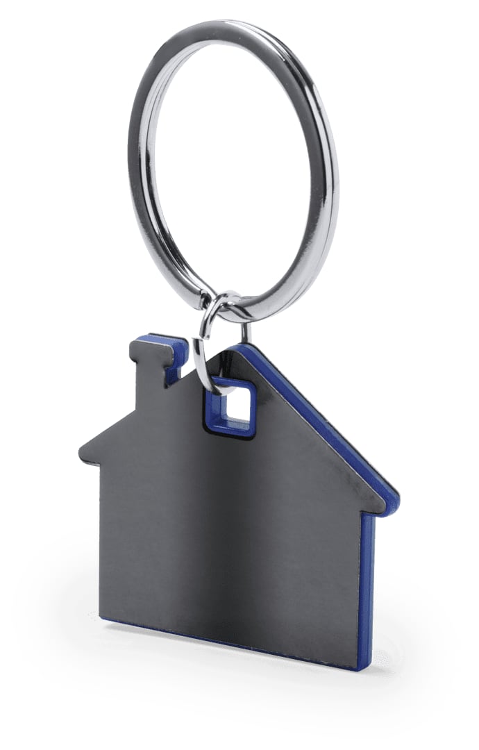 A house-shaped keyring in a sleek black finish with blue accents, featuring a silver metal keychain loop. Zosin Keyring - Image 1