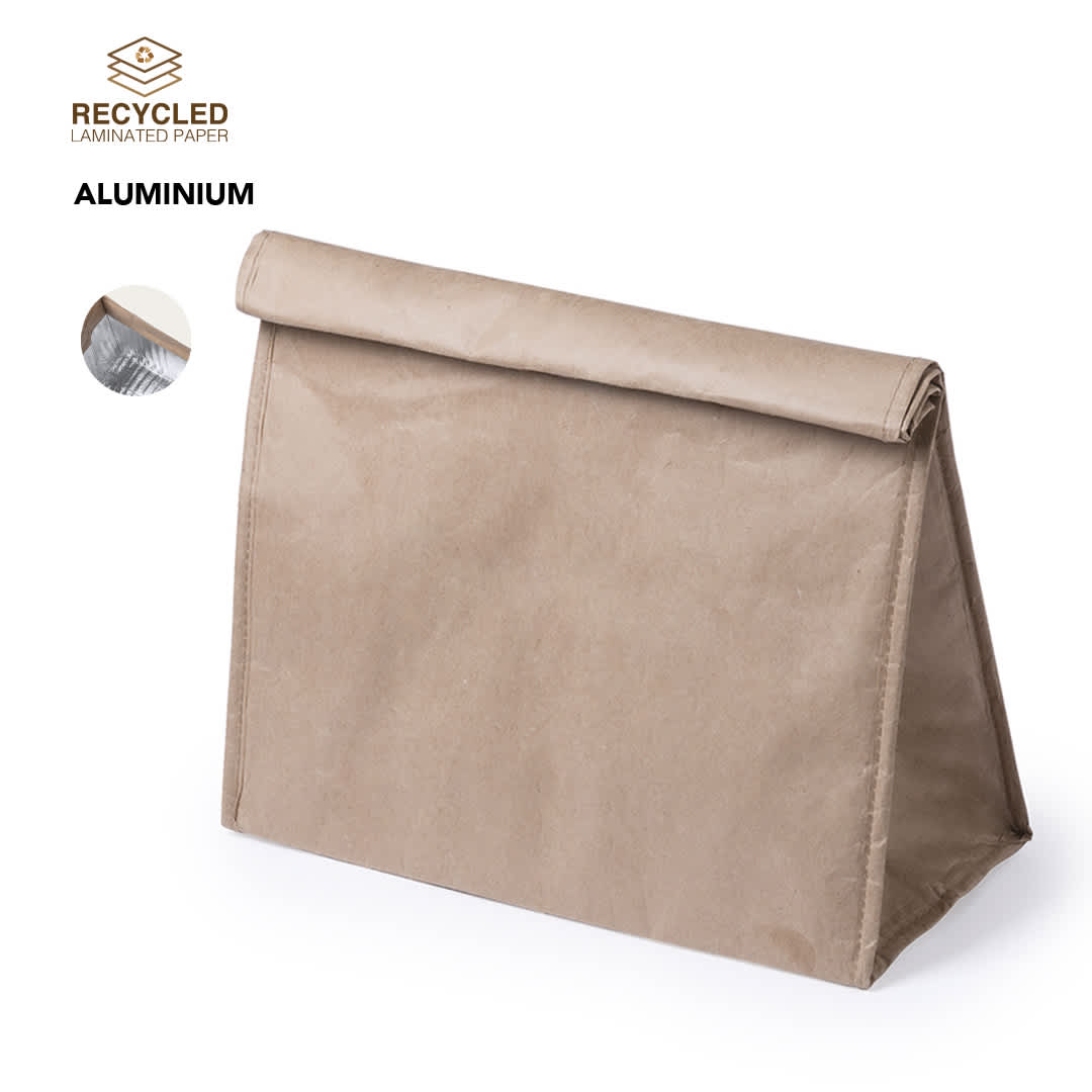 A tan thermal bag made of recycled laminated paper, featuring a fold-over top and aluminium lining. Laral Thermal Bag - Image 1