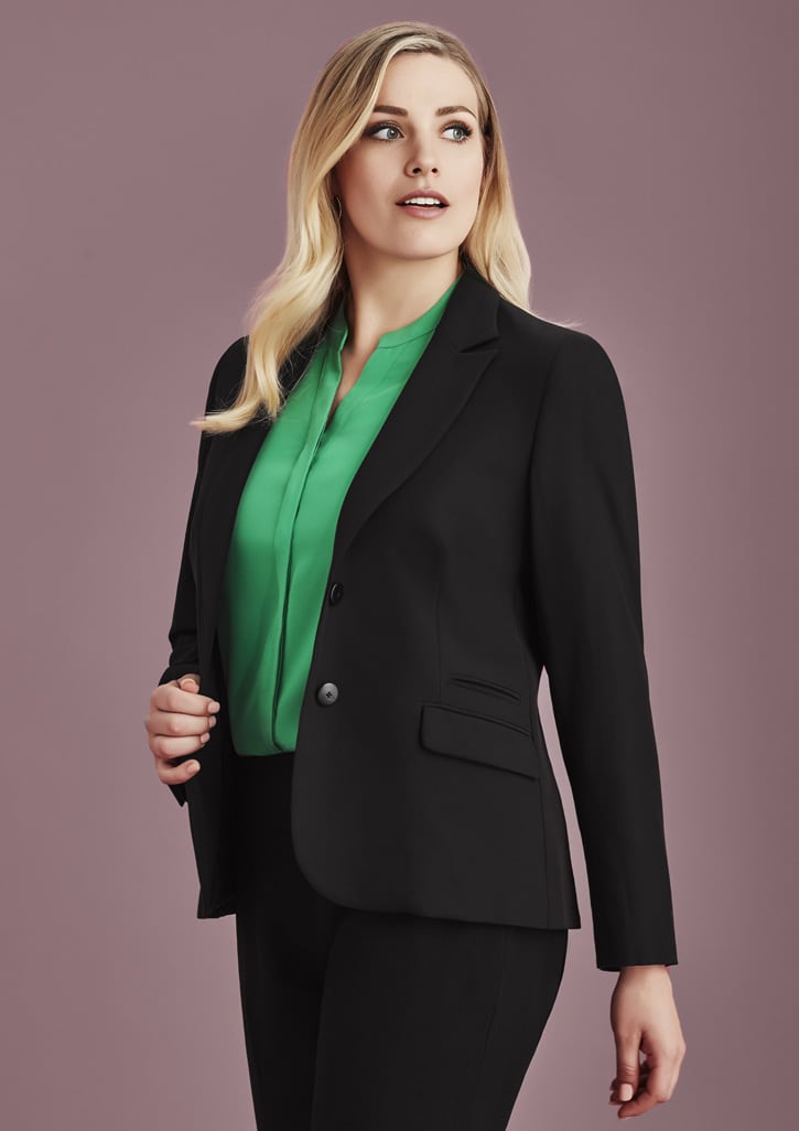 A black mid-length women's jacket is styled with a green blouse. The jacket features a fitted design and has a logo. Womens Siena Mid Length Jacket - Image 1