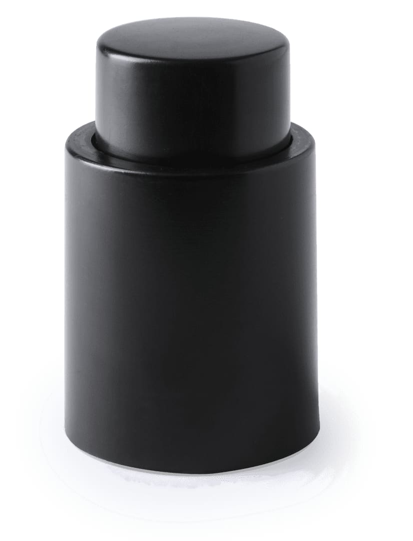 A drink bottle stopper in sleek black, featuring a minimalist design and a smooth finish. It has a brand logo present. Hoxmar Vacuum Bottle Stopper - Image 1