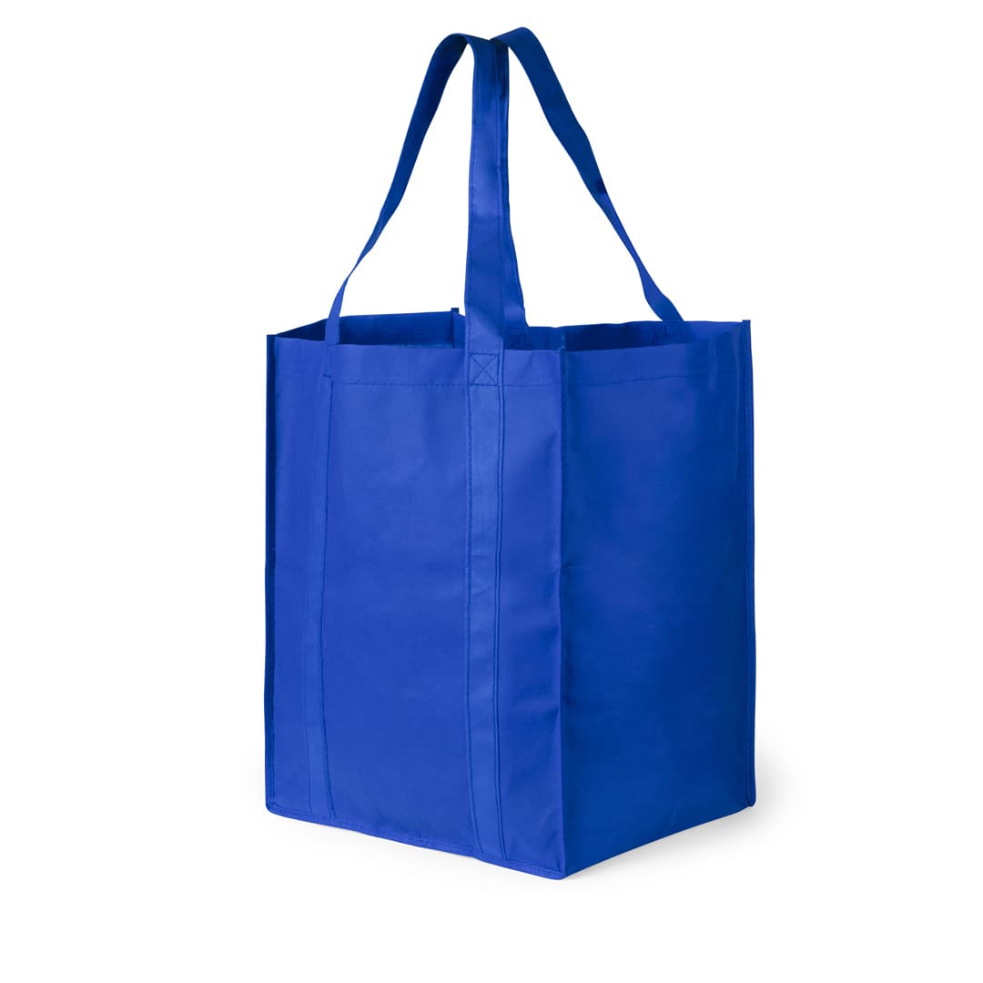 A blue reusable grocery bag with two sturdy handles and a large rectangular shape. It features a logo. Shop XL Bag - Image 1