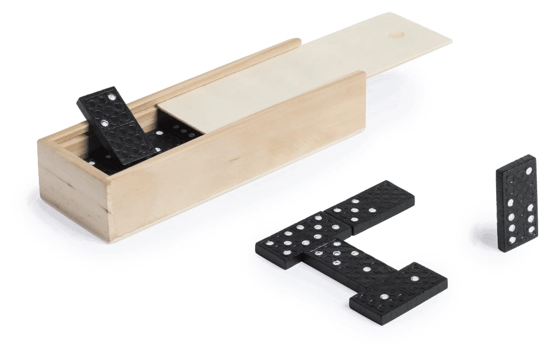 A wooden box containing black dominoes, with several pieces placed outside the box. Prakon Dominoes - Image 1