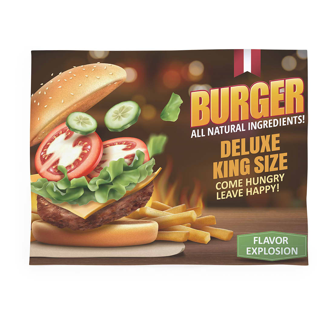 A promotional poster featuring a burger with lettuce, tomatoes, cucumbers, and fries, set against a warm background. Lebron - Image 1