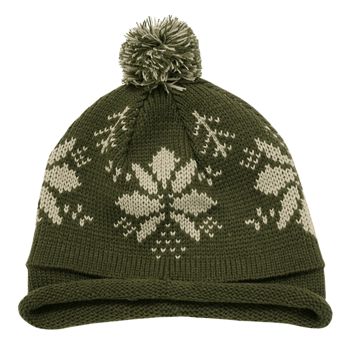 A green beanie with a snowflake pattern and a pom-pom on top, featuring a fold-up brim. Snowflake Roll Up Beanies w/Pom - Image 1