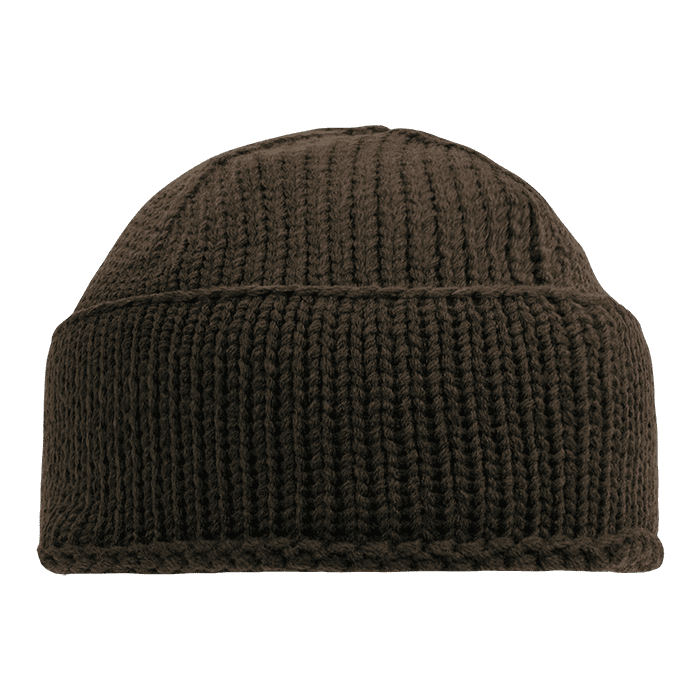 A dark brown knitted beanie with ribbed texture, featuring a logo on the side. Sailor Beanies - Image 1
