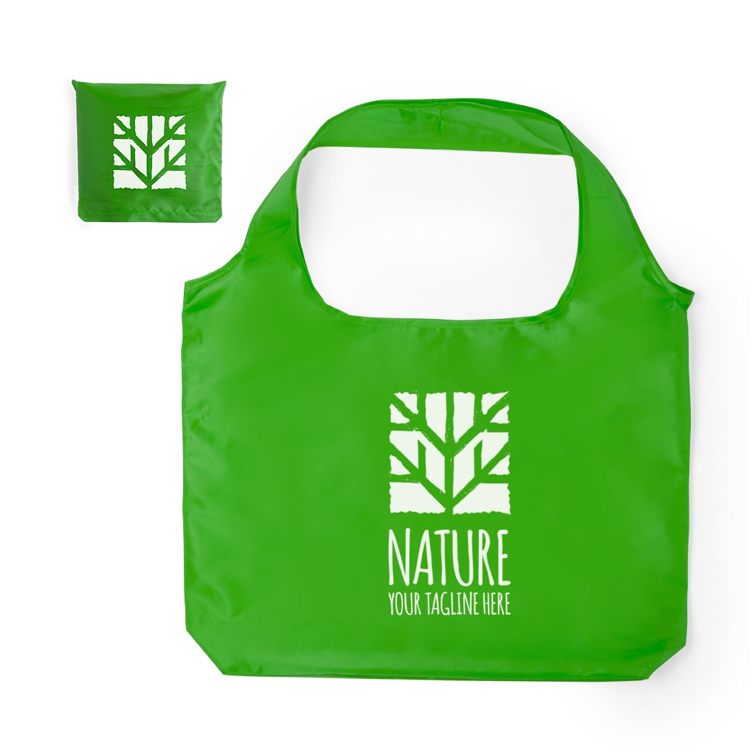 A foldable bag in bright green with a tree graphic and a logo. Compact size for easy storage. Karent Foldable Bag - Image 1