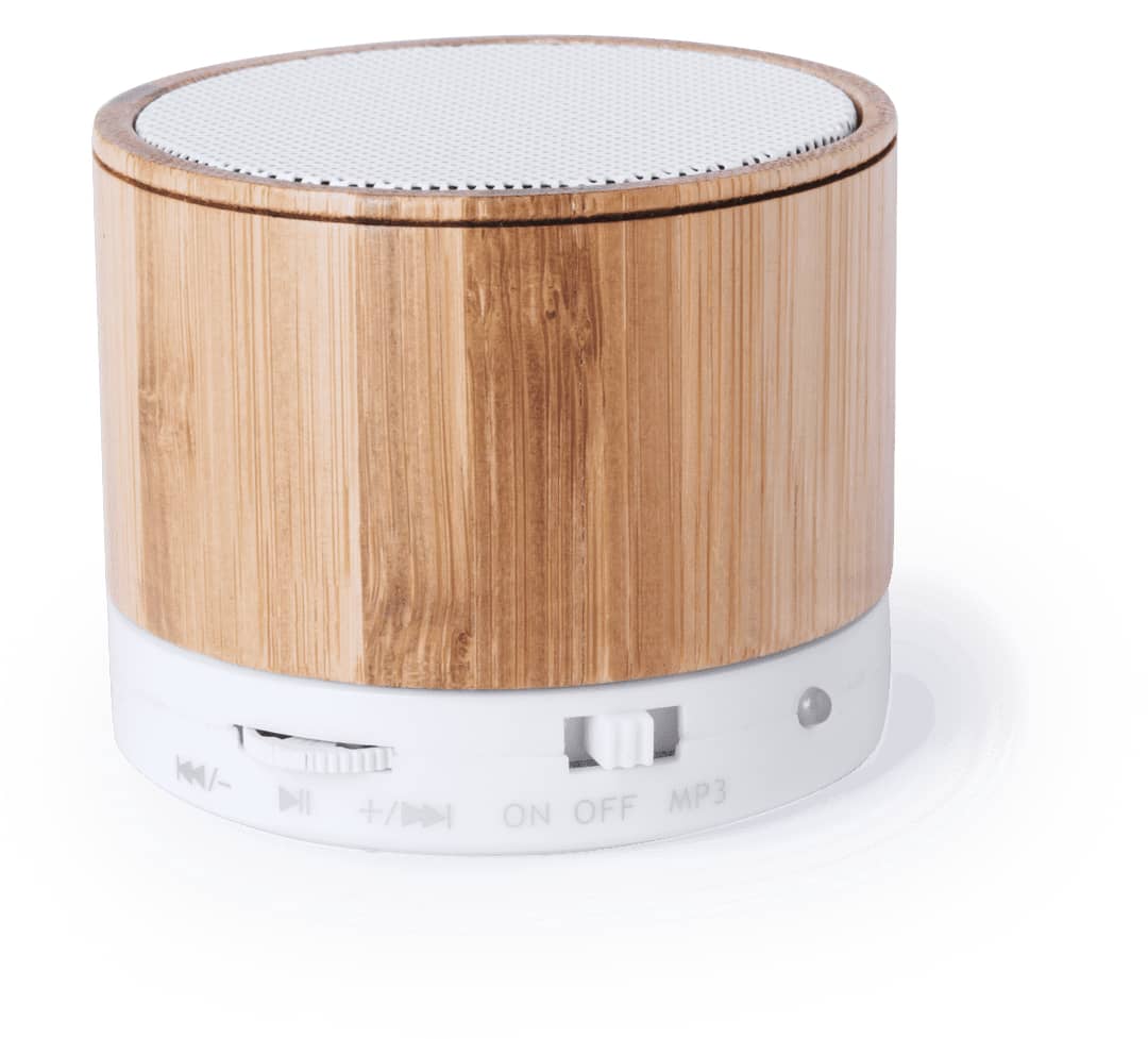 A round speaker with a bamboo finish and white base, featuring buttons for volume and power. Kaltun Speaker - Image 1