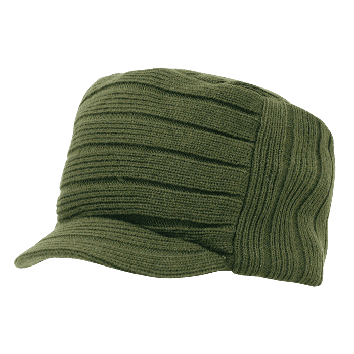 A knitted flat top cap with visor in olive green, featuring a ribbed pattern and a curved brim. Knitted Flat Top Cap w/ Visor - Image 1