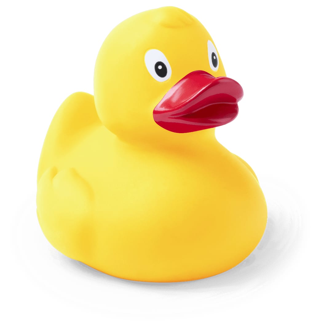 A bright yellow rubber duck with a red beak, featuring cartoon-like eyes and a smooth finish. Koldy Duck - Image 1