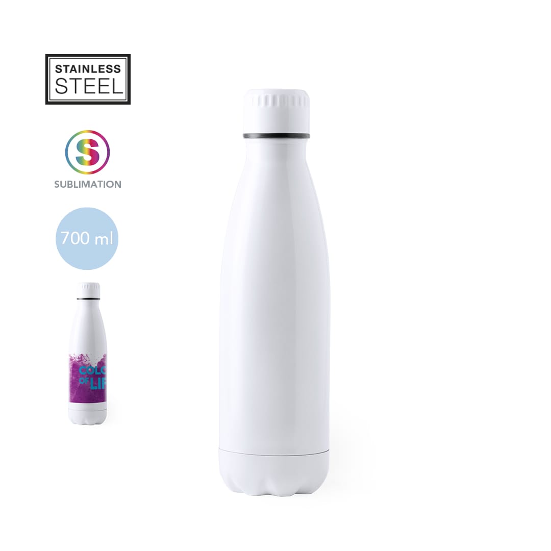 A drink bottle made of stainless steel, featuring a sleek white design and a capacity of 700 ml. It has a logo. Bayron Sublimation Bottle - Image 1