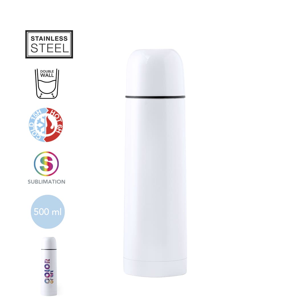 A drink bottle made of stainless steel, featuring a white design and a double-wall structure, holds 500 ml. Cleikon Sublimation Vacuum Flask - Image 1
