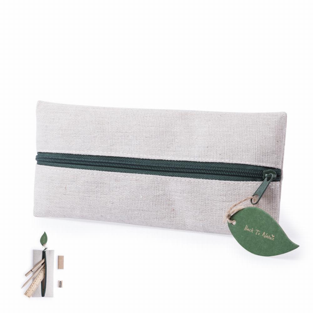 A pencil case in a light grey fabric with a green zipper and a leaf-shaped tag. It features a simple, eco-friendly design. Marfik - Image 1