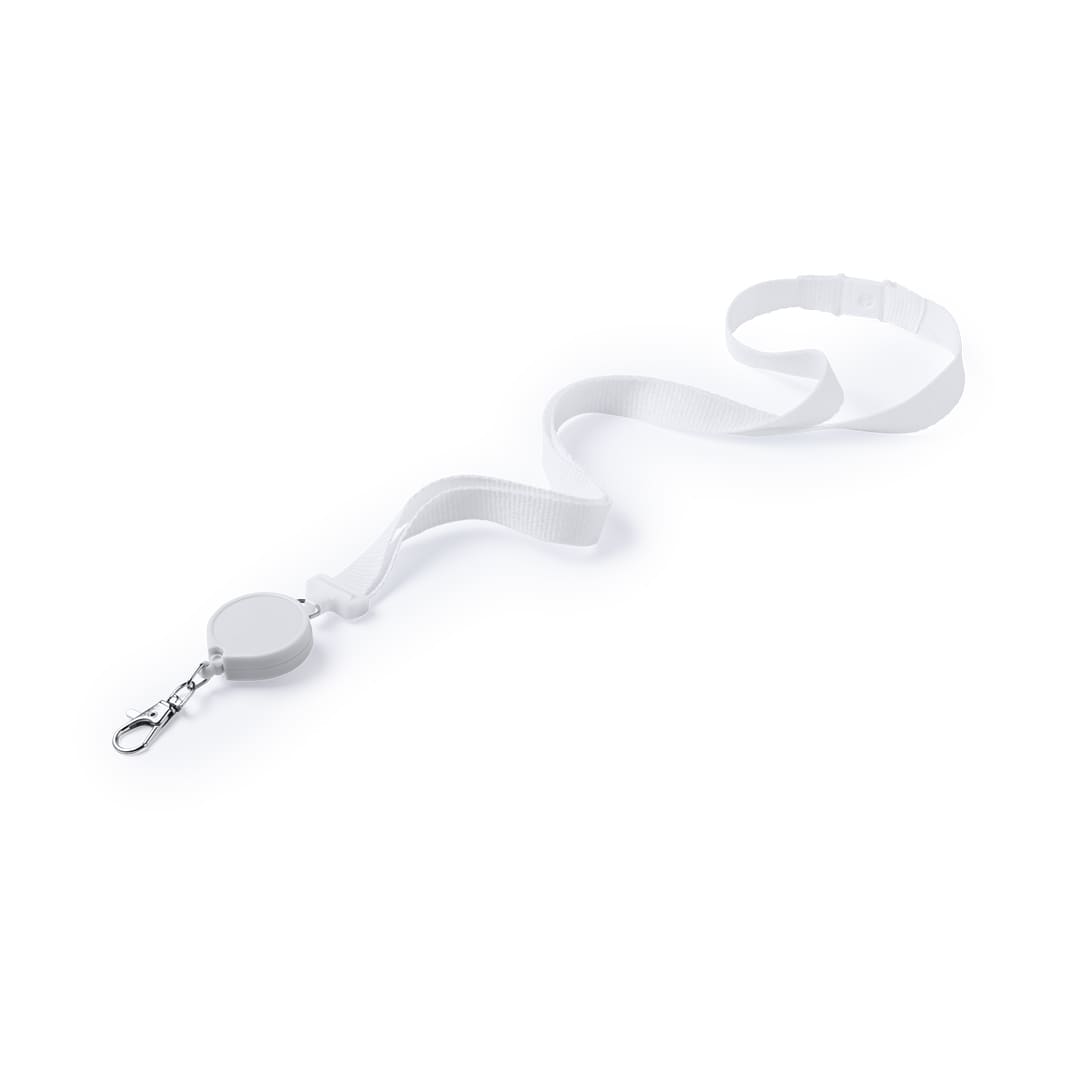 A white lanyard with a retractable reel and a clip at the end, designed for holding ID cards or badges. Lemer Lanyard - Image 1