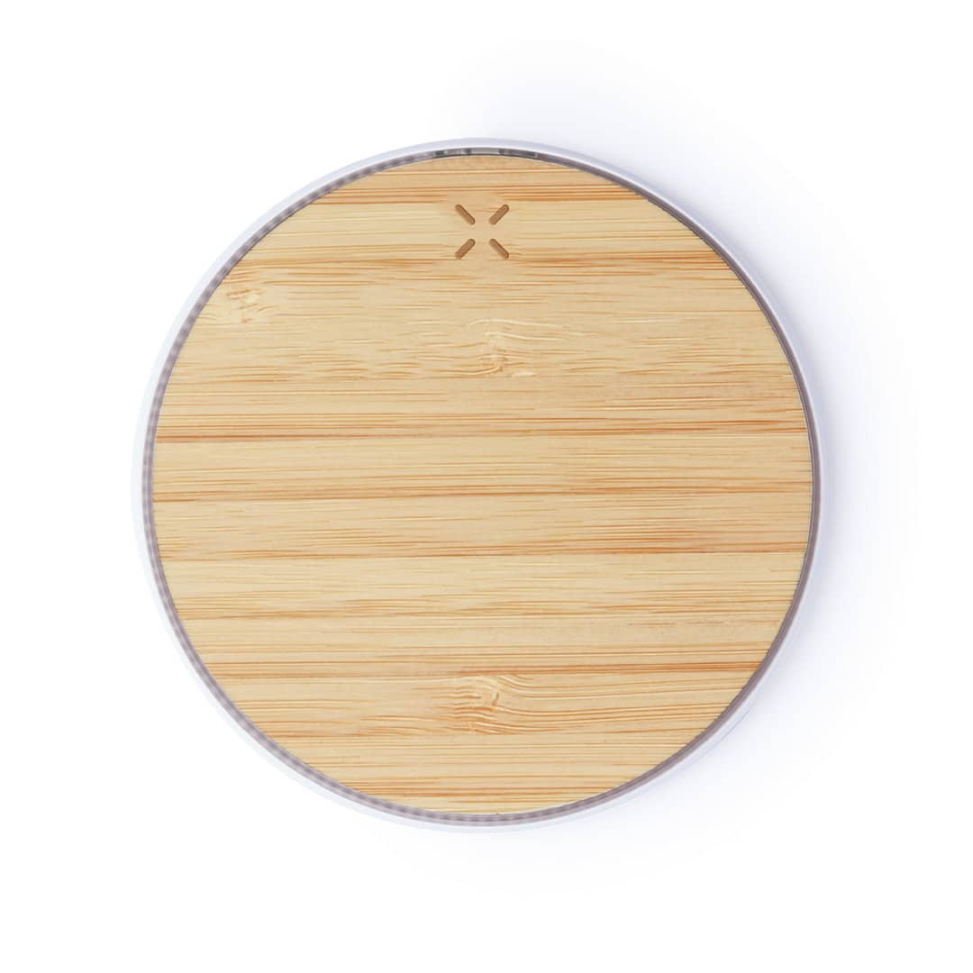 A round wireless charger with a bamboo surface and a light grey edge. It features a logo on top. Nembar Charger - Image 1