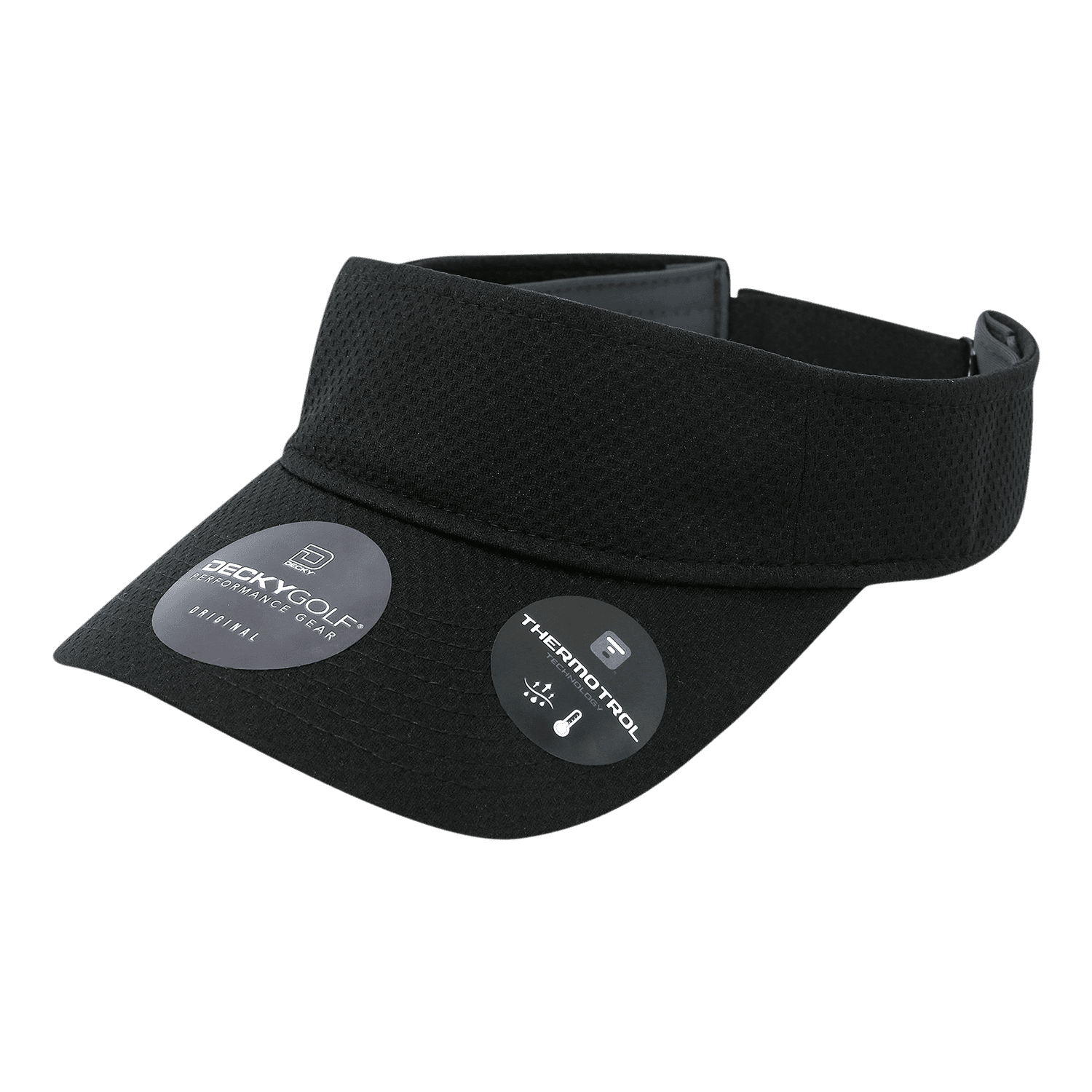 A black dimple patterned sun visor with a wide brim and adjustable band. Features branding and product details. Dimple Patterned Sun Visors - Image 1
