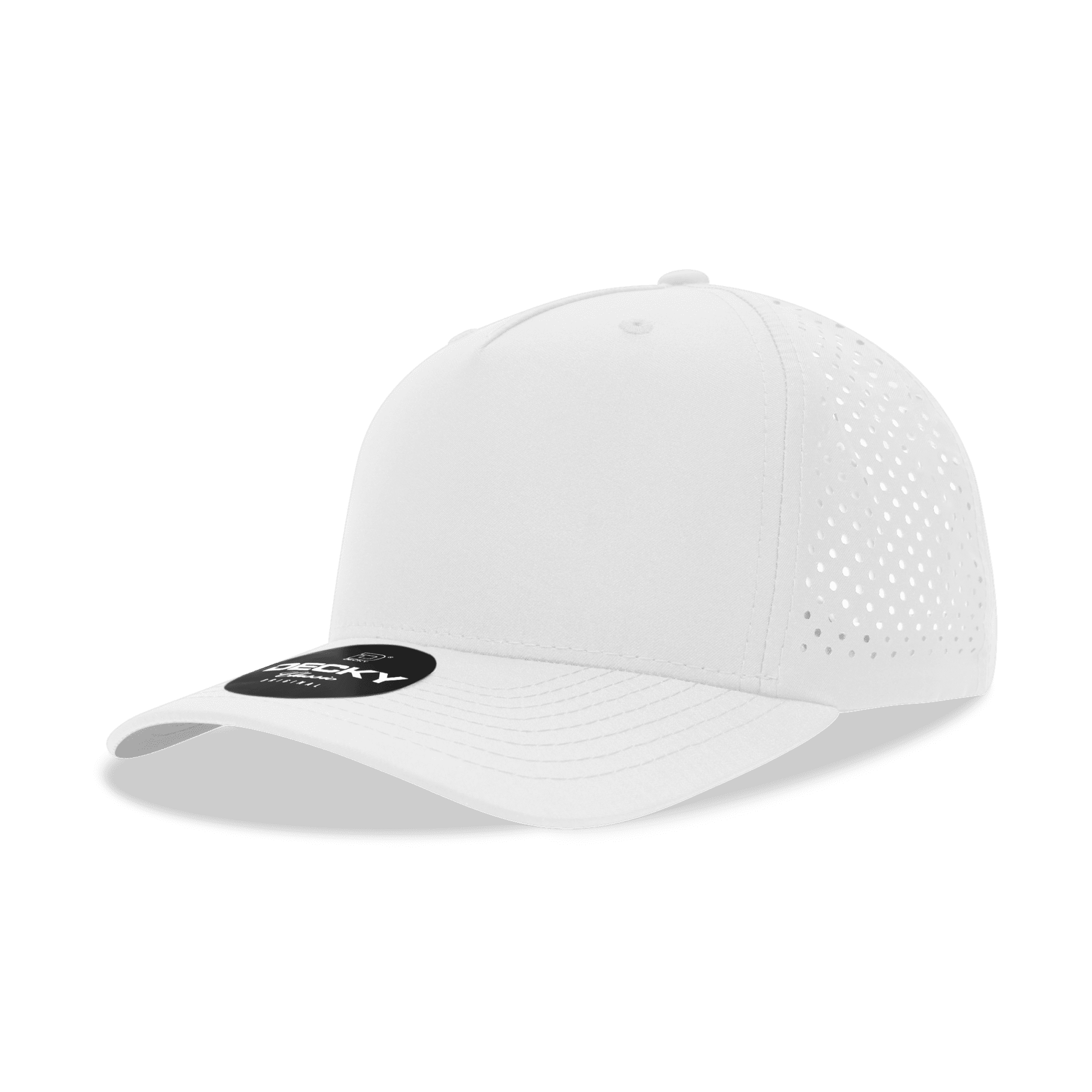 A white 5 panel mid-profile cap with perforated side panels and a curved brim. It features a logo on the front. 5 Panel Mid Profile Cap - Image 1