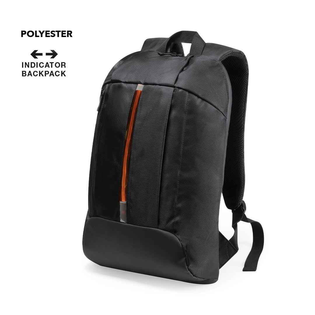 A black backpack with an orange zipper detail, featuring adjustable straps and a logo on the front. Dontax Indicator Backpack - Image 1