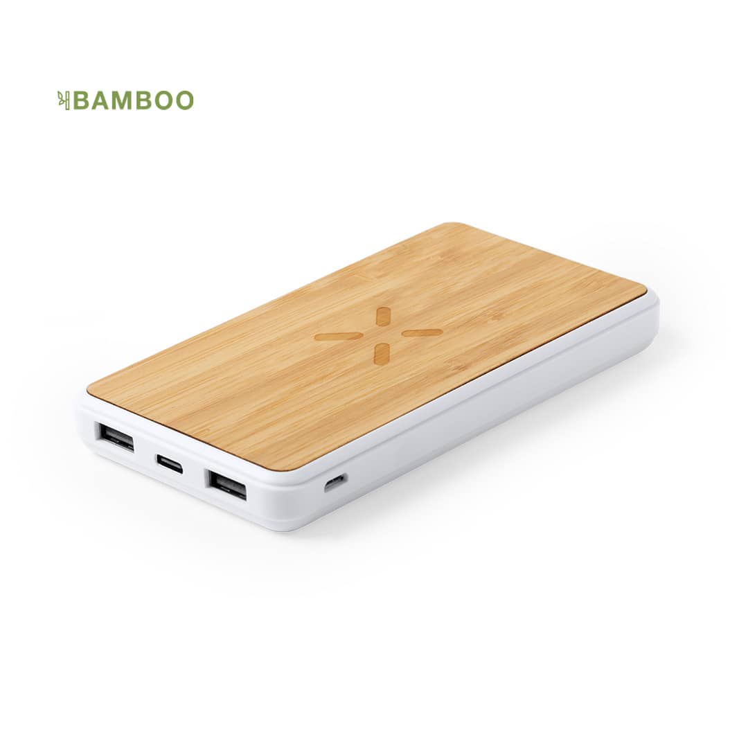 A power bank with a bamboo top and white base, featuring multiple charging ports and a logo. Dickens Power Bank - Image 1
