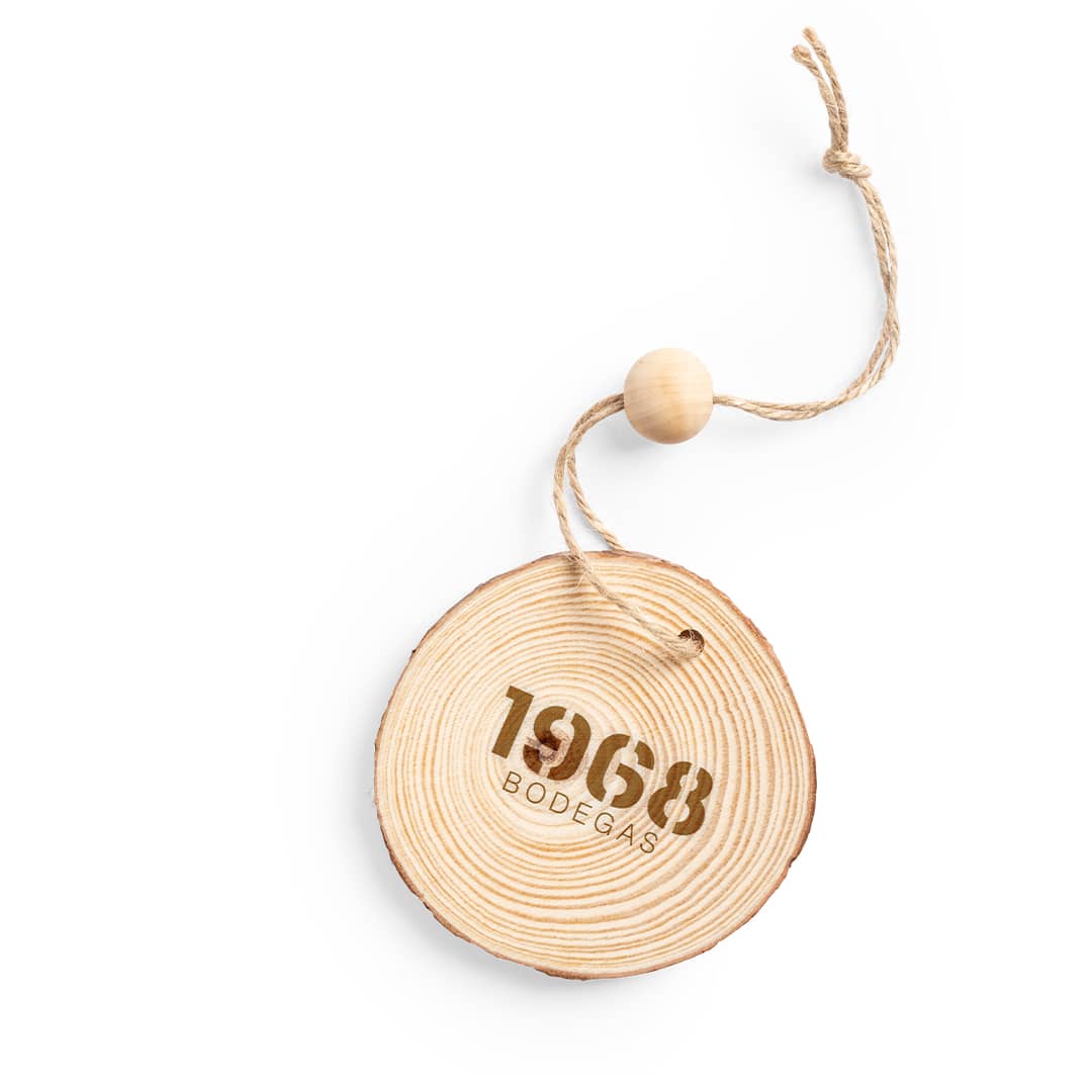 A wooden ornament shaped like a slice of tree trunk, featuring a number “1968” and a twine loop for hanging. Rupol Christmas Decoration - Image 1