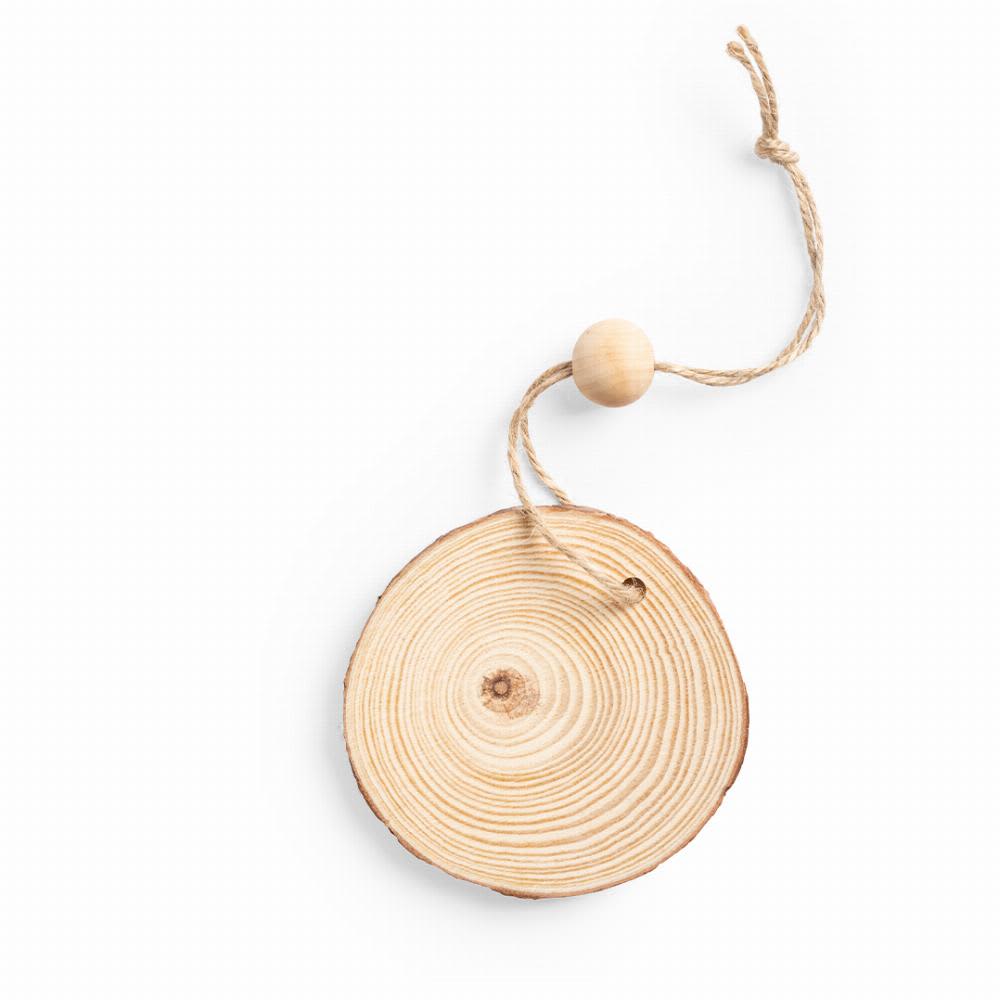 A wooden tag with a natural finish, featuring a round shape and a twine loop with a wooden bead. Rupol - Image 1
