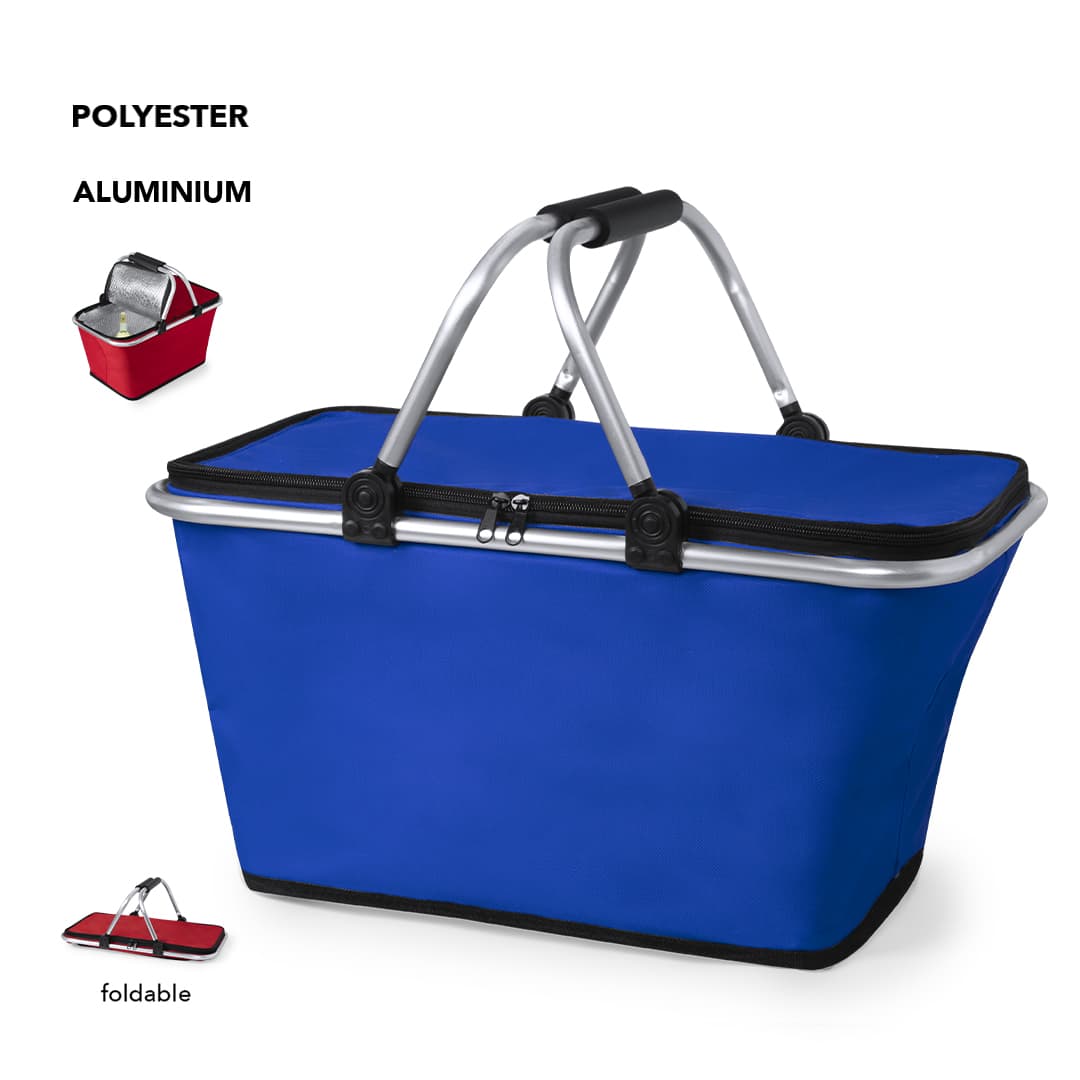 A blue foldable picnic basket with aluminium handles and a black zipper, featuring a logo on the side. Yonner Thermal Picnic Basket - Image 1