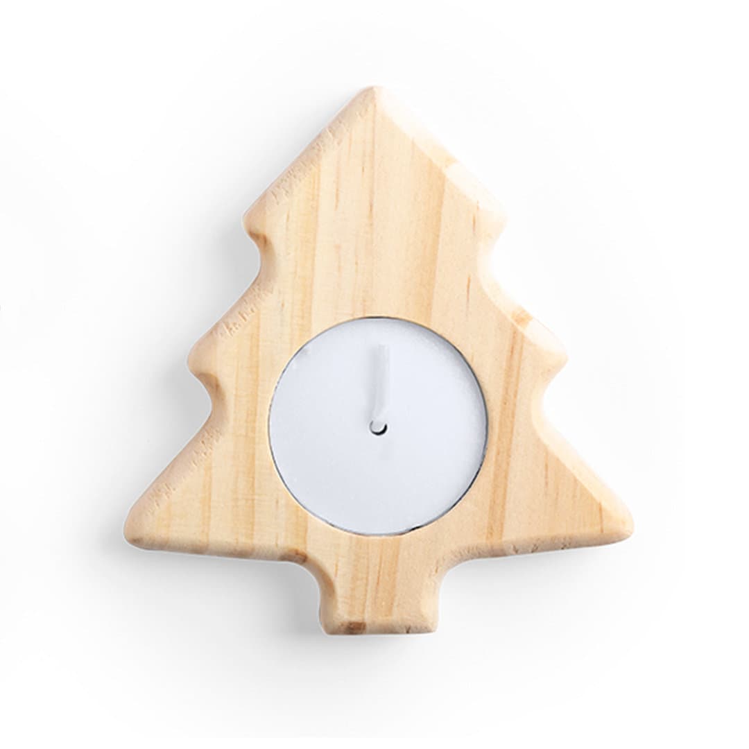 A wooden candle holder shaped like a Christmas tree with a round white candle in the centre. Deram Candle - Image 1