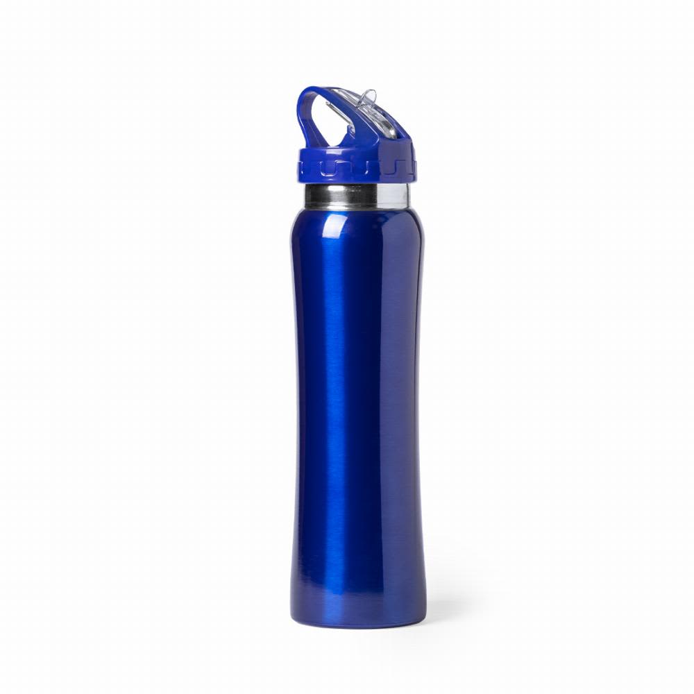 A drink bottle in a shiny royal blue with a silver cap and a blue handle. It features a logo on the body. Smaly - Image 1