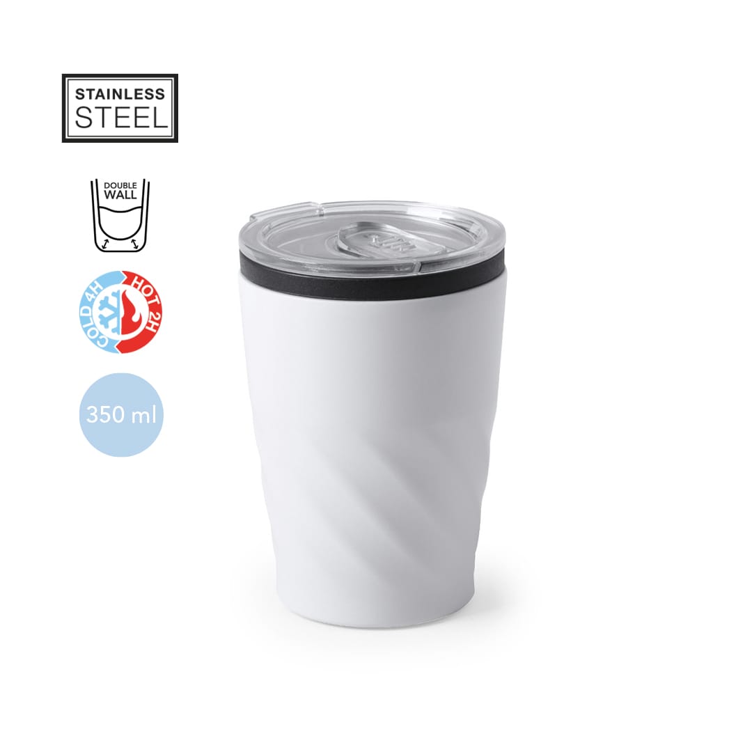 A stainless steel insulated cup in white with a clear lid, featuring a double-wall design and a logo. Ripon Insulated Cup - Image 1