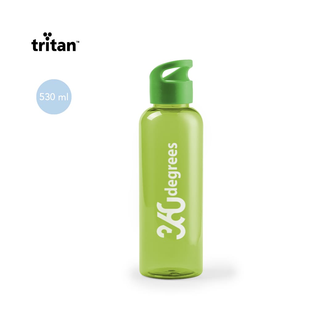 A green drink bottle with a screw-top lid, featuring a logo and a capacity of 530 ml. Pruler Bottle - Image 1