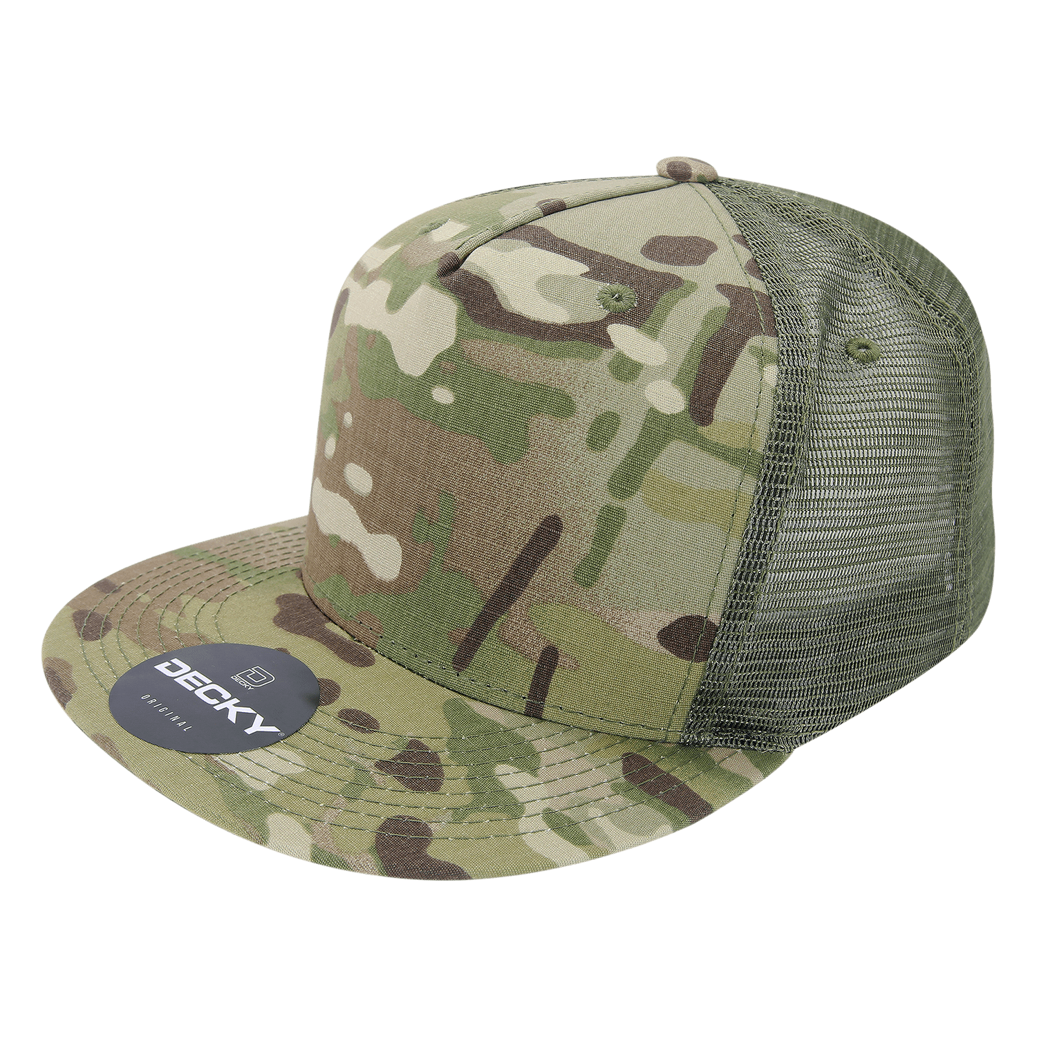 A camouflage 5-panel trucker cap featuring a mesh back and a logo on the front. MULTICAM 5 Panel Trucker - Image 1
