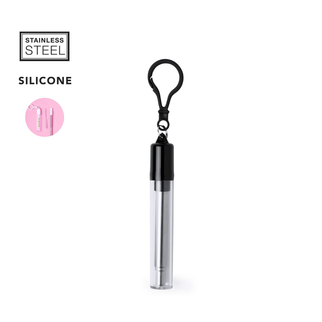 A drinking straw made of stainless steel, housed in a silicone holder with a clip, featuring a sleek silver design. Timex Straw - Image 1
