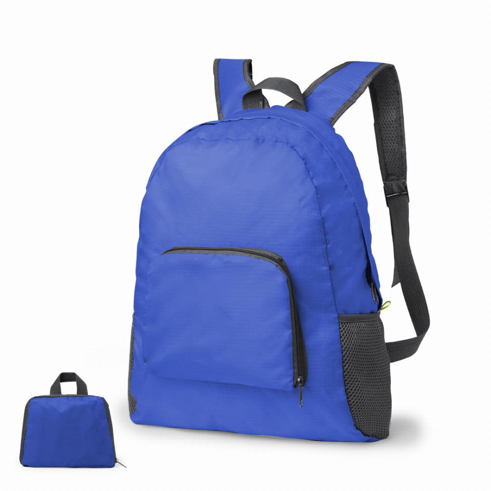 A blue backpack with a front pocket and side mesh panels, alongside a small folded version of the same bag. Mendy - Image 1