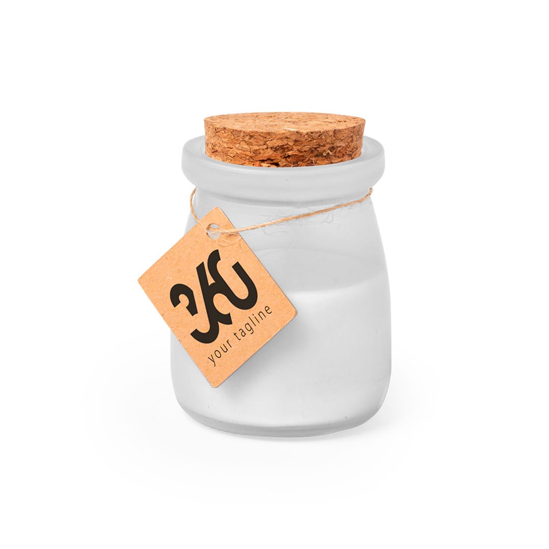 A frosted glass jar candle with a cork lid and a hang tag attached. The candle is white. Tepor Aromatic Candle - Image 1