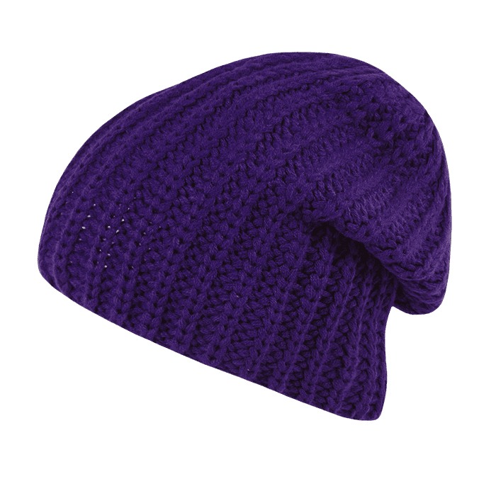 A knitted beanie in deep purple with a slouchy design. It features a textured pattern and has a logo. Cozy Knit - Image 1