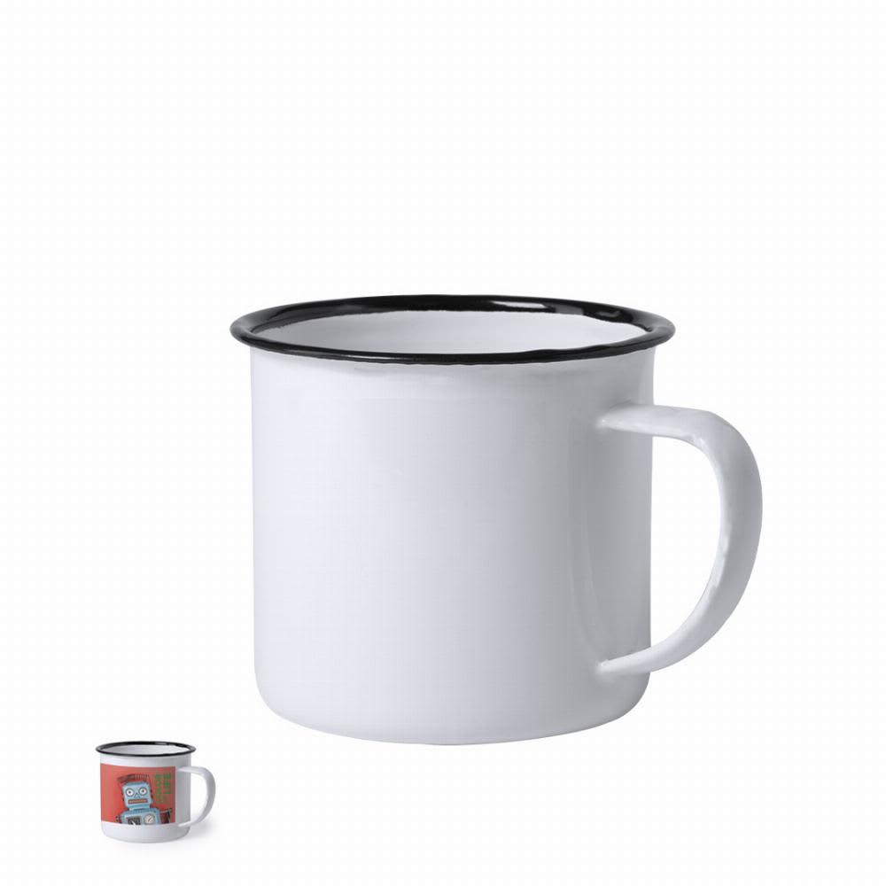 A white enamel mug with a black rim, featuring a simple handle and a design element in a smaller inset image. Kantol - Image 1