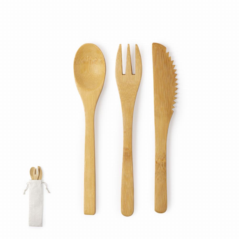 A set of bamboo cutlery including a spoon, fork, and knife, packaged in a small cloth bag. Plusin - Image 1