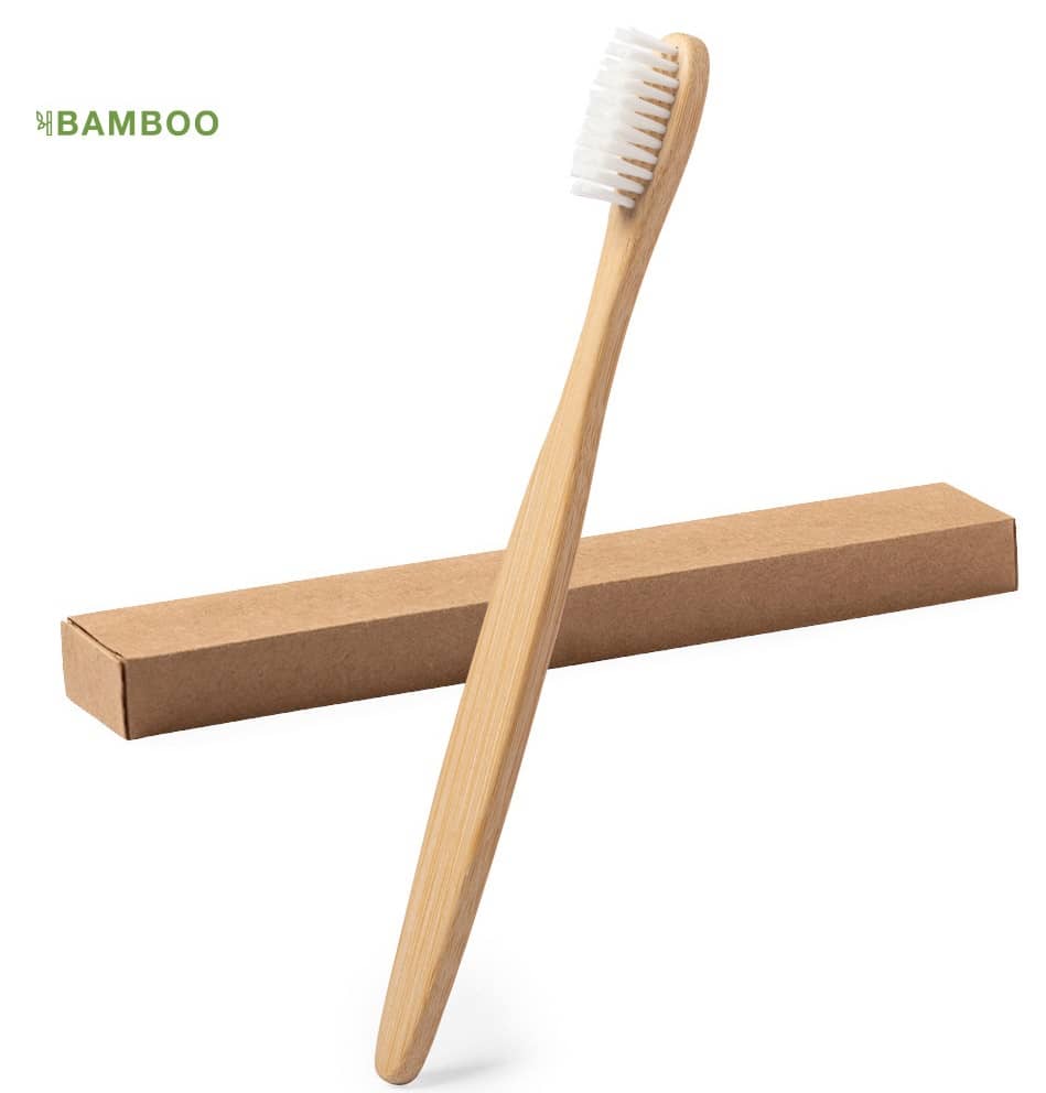 A bamboo toothbrush with a long handle and soft bristles, placed next to a cardboard box. Lencix - Image 1