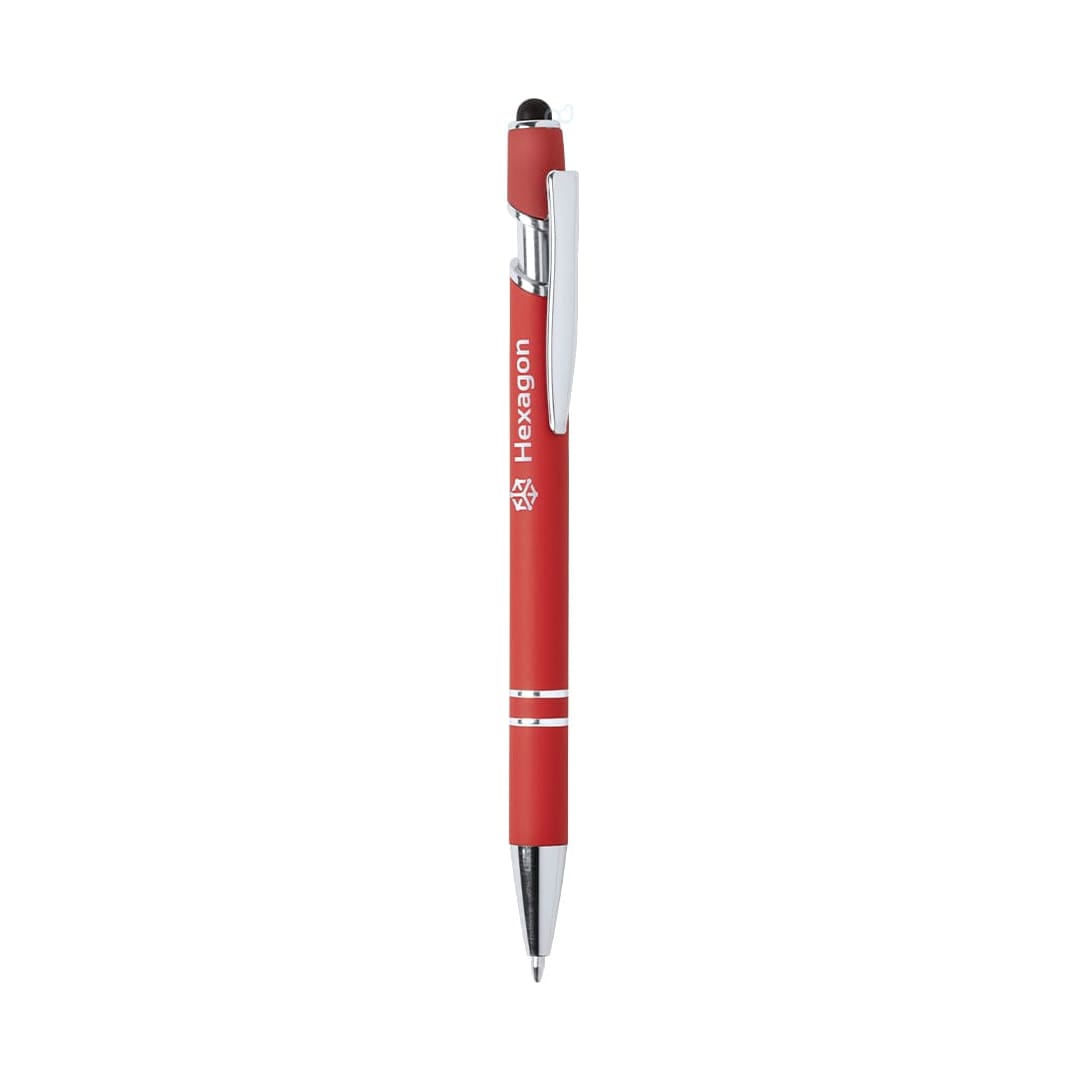 A red stylus touch ball pen with a metallic clip and branding on the barrel, featuring a sleek design. Lekor Stylus Touch Ball Pen - Image 1