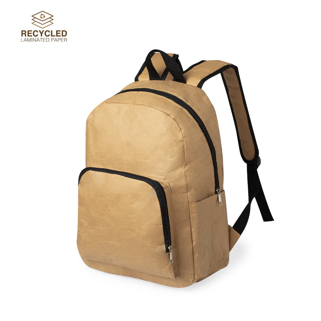 A tan recycled backpack with black zippers and straps, featuring a front pocket and a sleek design. Kizon Backpack - Image 1