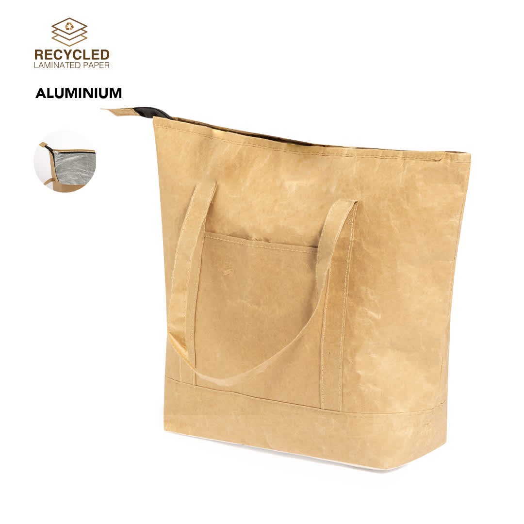 A tan thermal bag with a zip closure and handle, featuring a large front pocket and an aluminium lining. Saban Thermal Bag - Image 1