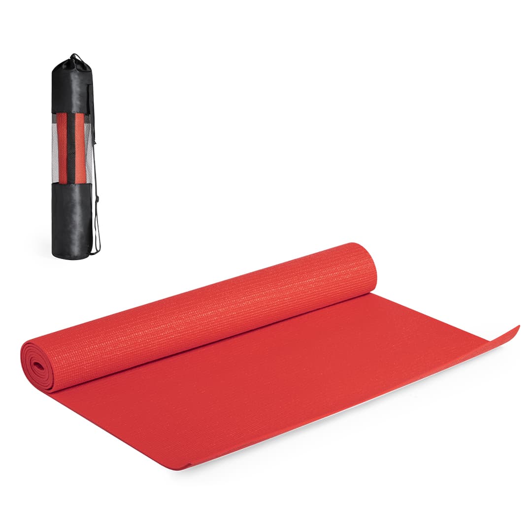 A red outdoor mat rolled out, accompanied by a black carry bag with a transparent section and a strap. Nodal Mat - Image 1