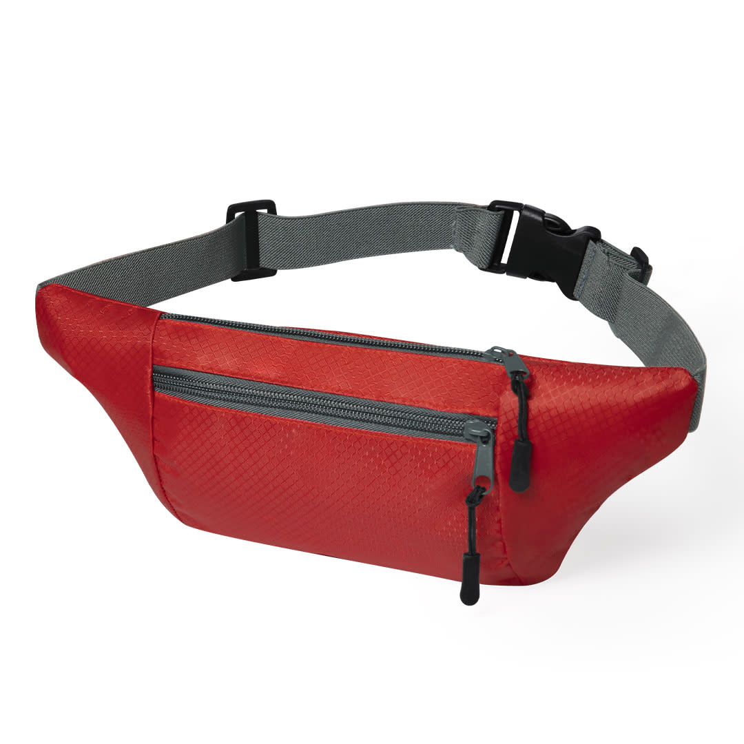 A red waistbag with a grey adjustable strap and two zippered compartments, featuring a logo. Mendel Waistbag - Image 1