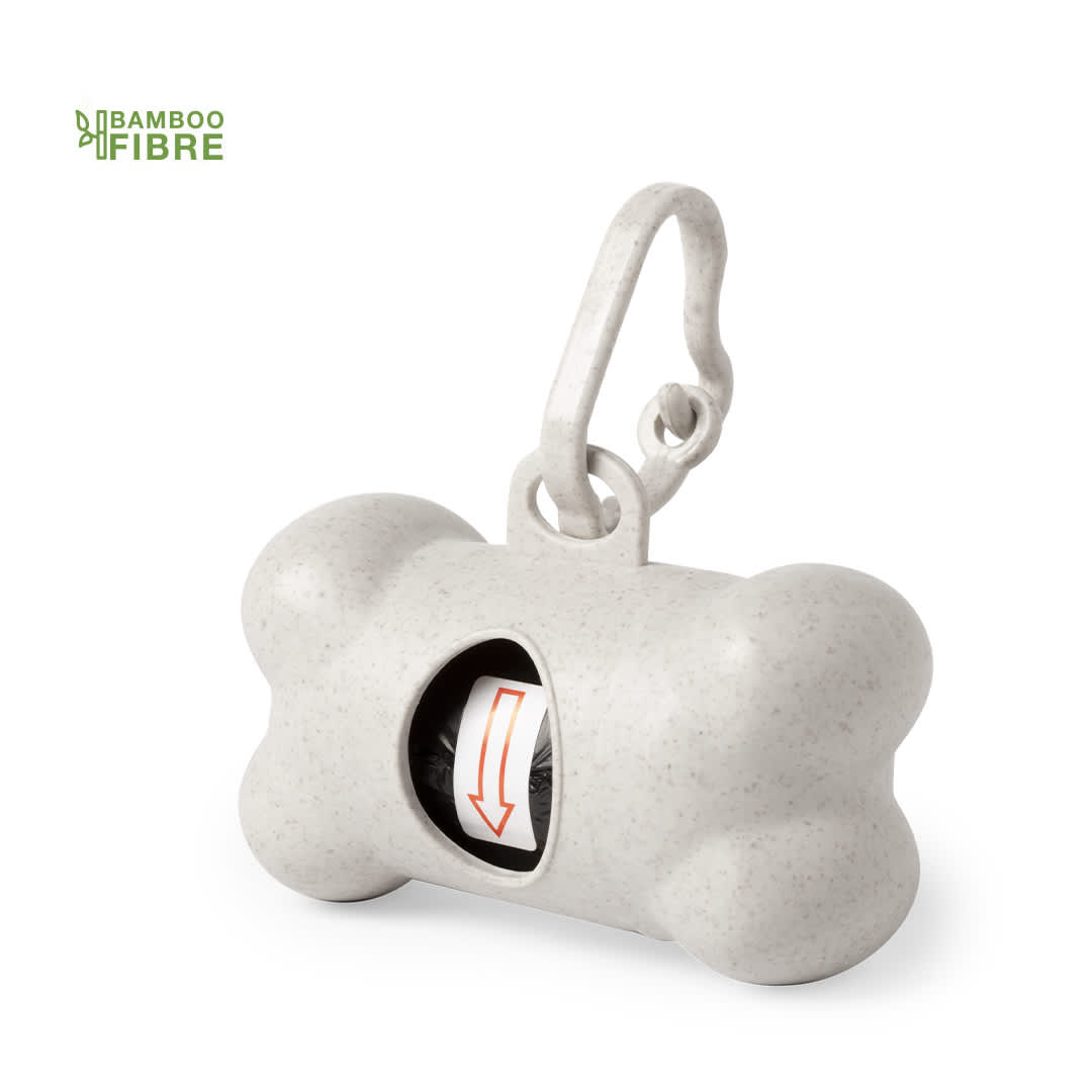 A bone-shaped waste bag dispenser in grey with a clip for attachment, featuring a roll of bags inside. Leiren Waste Bag Dispenser - Image 1