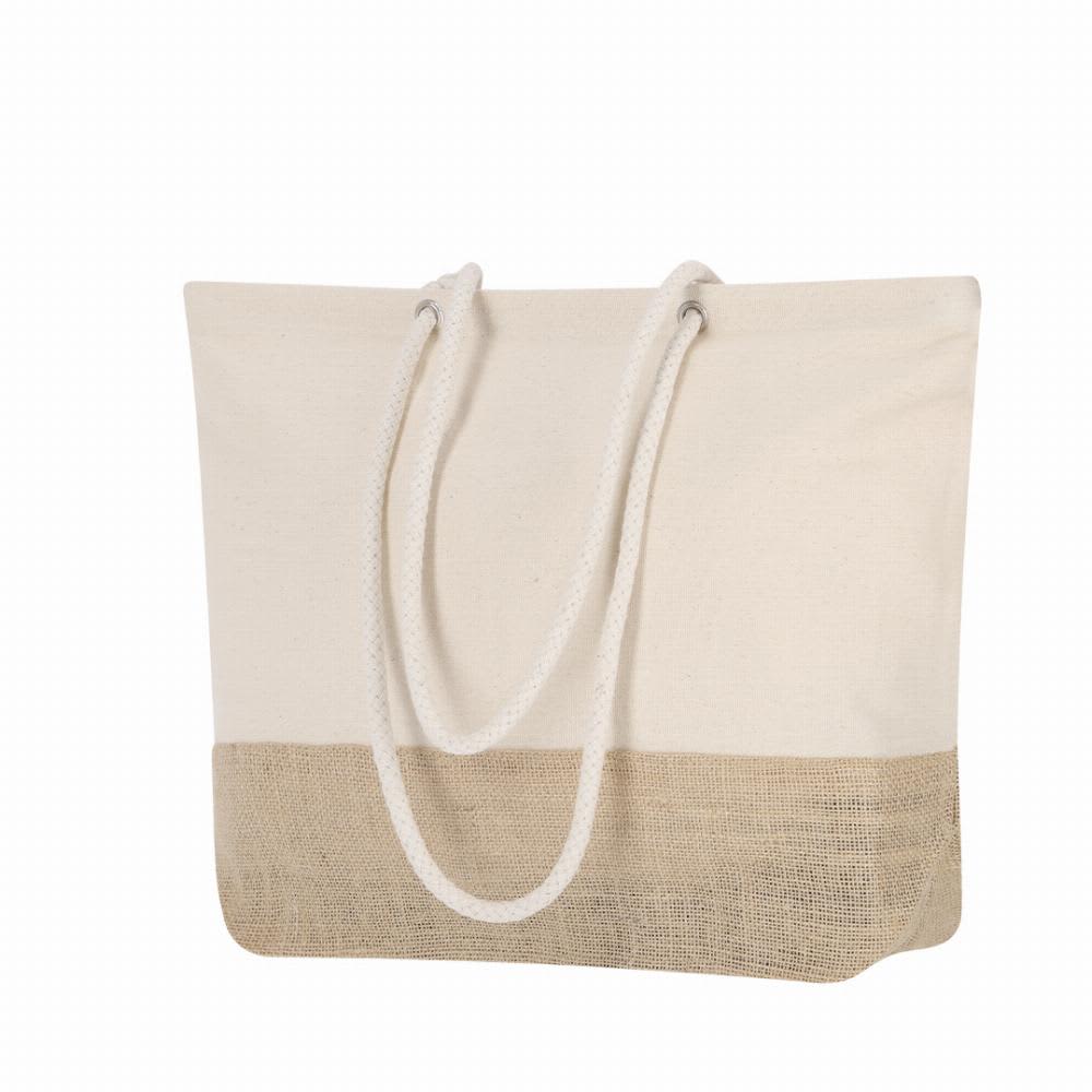 A tote bag featuring a cream upper section and a natural jute lower section with braided handles. Bitalex - Image 1