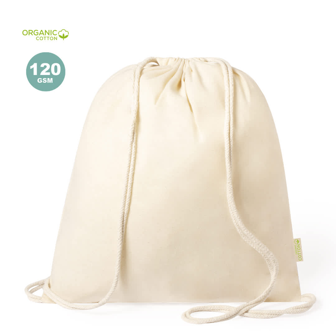 A cream drawstring bag made from organic cotton with a logo and rope handles. Tibak Drawstring Bag - Image 1