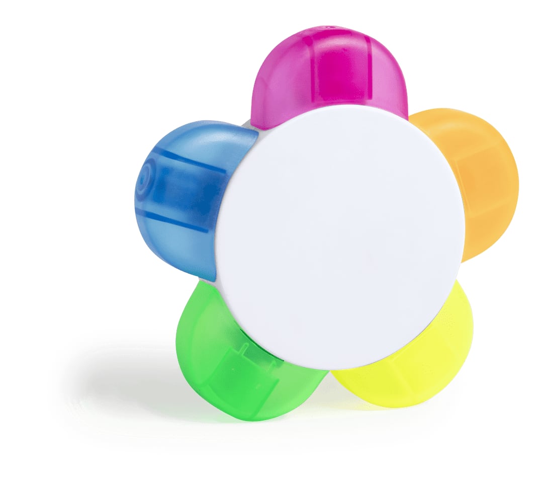 A highlighter set shaped like a flower, featuring pink, blue, orange, green, and yellow segments. It has a central white area. Hindal Highlighter Set - Image 1