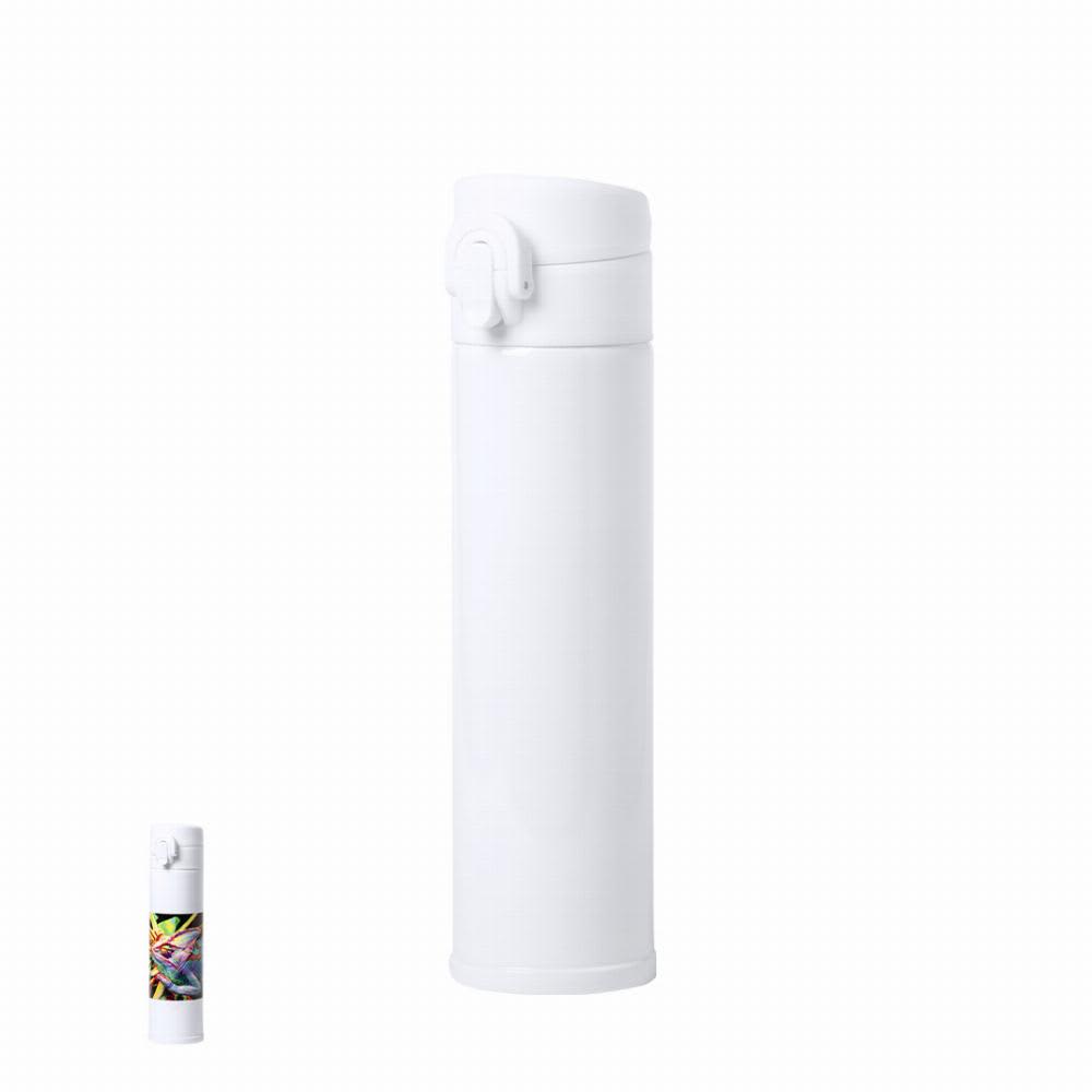 A drink bottle in white with a vibrant, decorative design on one side and a flip-top lid. Alirox - Image 1