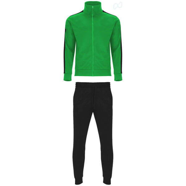 A green tracksuit jacket with black stripes along the sleeves, paired with black tracksuit trousers. Creta Tracksuit (Youth) - Image 1