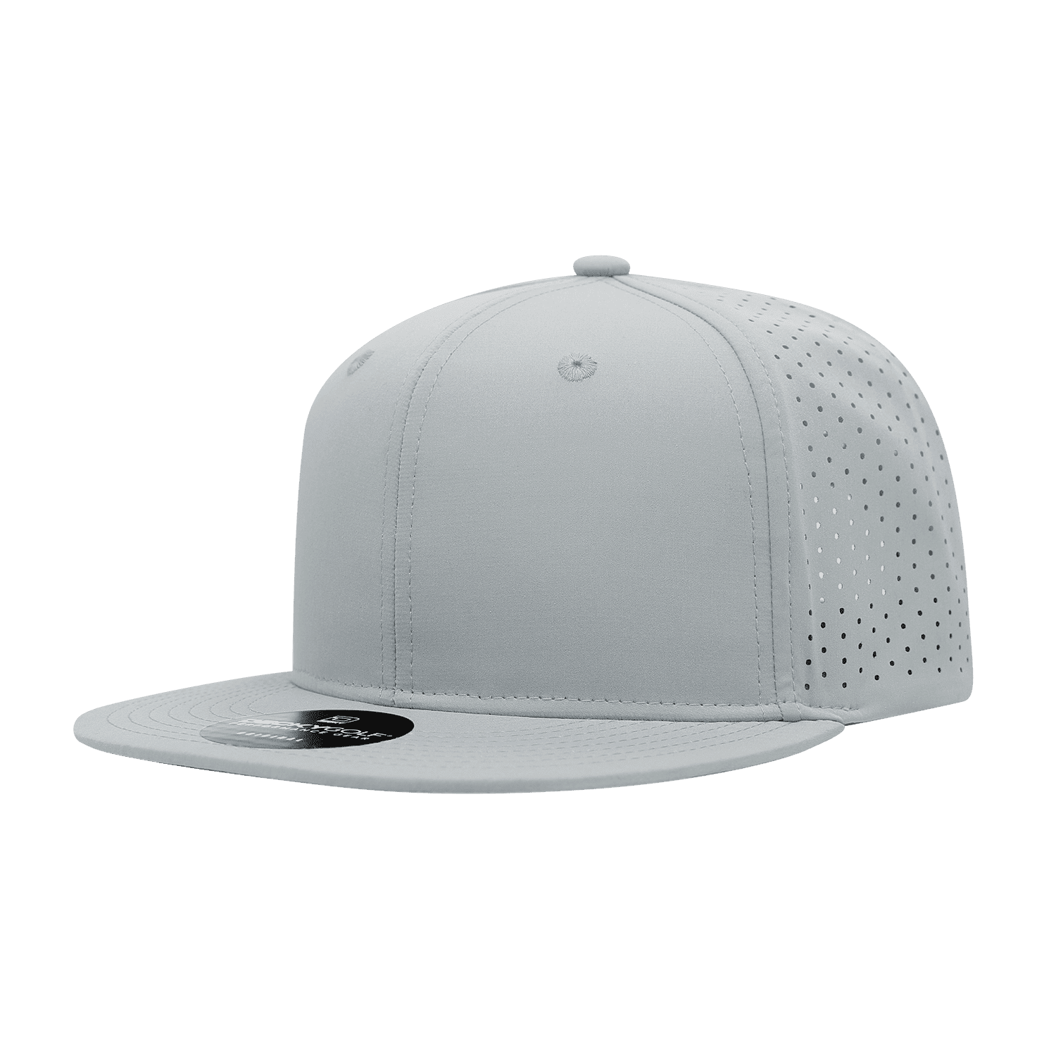 A grey high-profile cap with perforated panels and a flat brim, featuring a logo on the front. 6 Panel High Profile Perforated Cap - Image 1